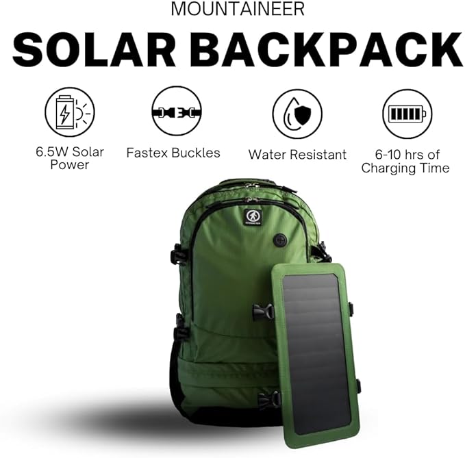 Outdoor Tech - Mountaineer Solar Backpack - Rugged 40L Outdoor Backpack with Flexible and Detachable 6.5W Solar Panel for Charging
