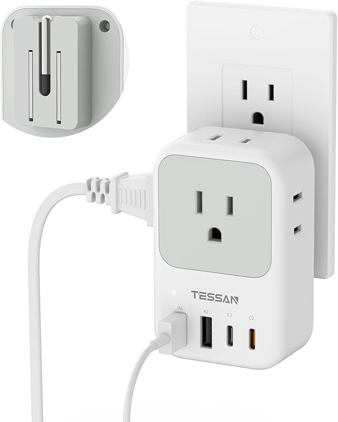 TESSAN USB C Charger Block 20W PD, Fast Charging Adapter with Foldable Plug, 1875W Power Outlet Extender(4 AC and 4 USB) for Cruise, Home, Office, Dorm Room Essentials, Grey