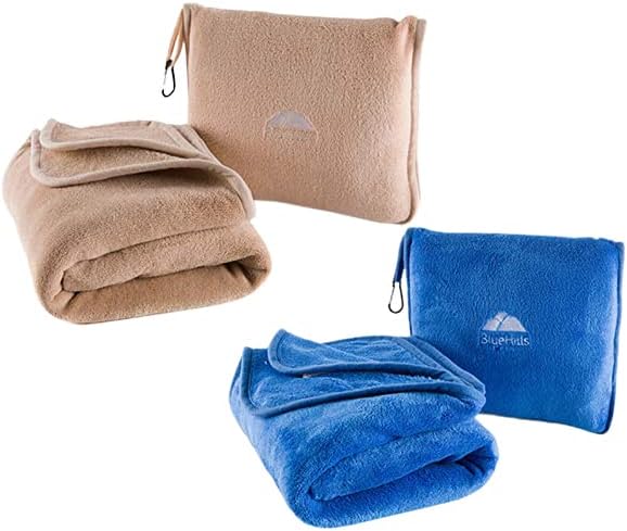BlueHills Premium Soft Plush Travel Blanket Value Pack Set of 2 - Airplane Travel Essential Flight Blanket Throw in a case Compact Car Plane Travel Gift – Beige and Royal Blue.