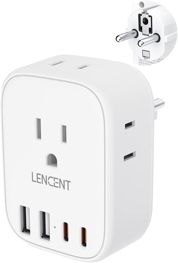 LENCENT Germany France Travel Power Adapter, Schuko Type E F Power Plug Adaptor with 4 USB Ports(2 Type C), 4 Outlet Converter, US to EU Spain France German Greece Norway Iceland South Korea Portugal