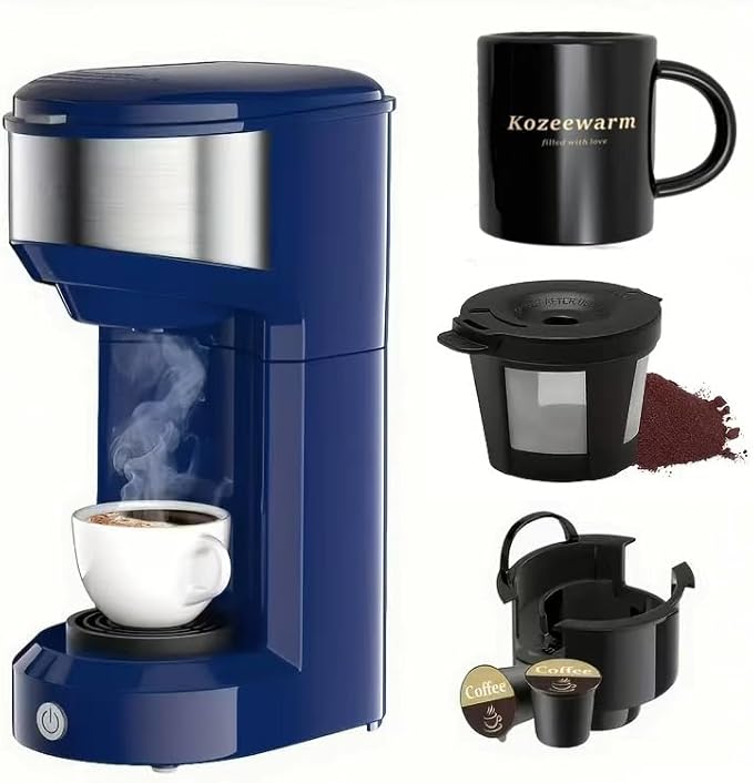 Single Serve Coffee Maker, 2 in 1 Brewer for K Pod & Ground Coffee, 90s Rapid Brew 6 to 14oz Capacities with Auto Shut Off, Small Compact Design for Home Office Travel Camping-Deep Blue