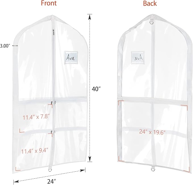 Univivi Clear PVC Dance Costume Garment Bag 40 Inch Hanging Garment Bag for Dance for Kids, with 4 Medium Clear Zipper Pockets and 1 Large Back Zippered Pocket (8 Pack)