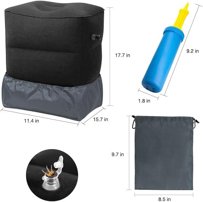Travel Foot Rest Pillow, Portable Inflatable with Double Hand Pump Adjustable Three Layers Height Pillow for Foot Rest on Airplanes,Cars,Buses,Trains,Office Kids to Sleep on Long Flights (Black)