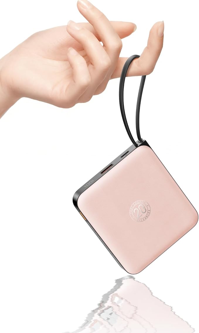 VRURC Portable Charger for iPhone Built-in Cables, 22.5W USB C Fast Charging 10000mAh Pocket Power Bank, Battery Pack for iPhone 17 16 & Samsung Galaxy S26 S25 etc Android, Pink(1 Pack)