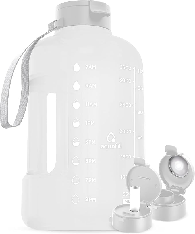AQUAFIT 1 Gallon Water Bottle with Time Marker - Straw & Chug Lid - BPA Free Gym Water Bottle with Straw - Big Gallon Jug (Frosty, 128 oz - 2 Lids)
