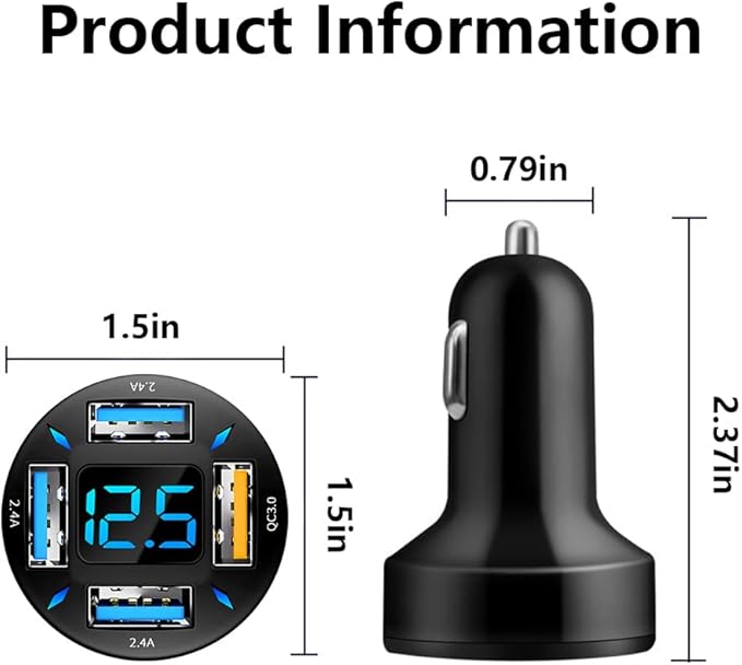 Car Charger 66W Super Fast Charging with USB 2.4A&QC 3.0(Voltmeter&LED Lights) Universal Quick Charge for 12-24V Car Cigarette Lighter Plug,Compatible with iPhone 14 13 12,S22 (2Pcs-Black-QC/2.4A)