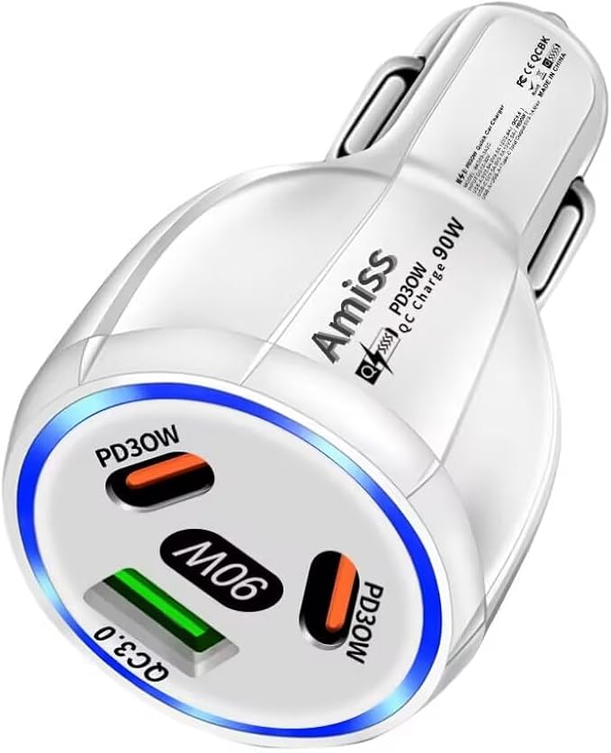 Amiss Car Charger Adapter, 3 Port USB-C & USB-A 90W Fast Charger, Car Interior Accessories, Essential Travel Gifts for Men and Women, Fit for iPhone 17/16/15/14/13Pro Max, Samsung, Android (White 1pc)