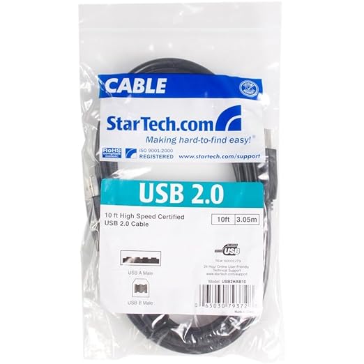StarTech.com 10 ft USB 2.0 Certified A to B Cable - M/M - 10ft type a to b USB Cable - 10ft a to b USB 2.0 Cable (USB2HAB10),Black