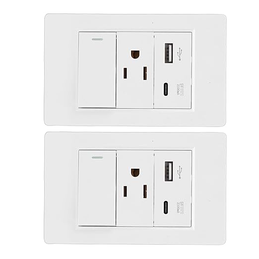 VBESTLIFE 2Pack Wall Outlet, 15A 3 Prong AC 10W USB Type C 2.1A Port, Single Control Switch, Wall Receptacle Outlet and Light Switch (US Plug)