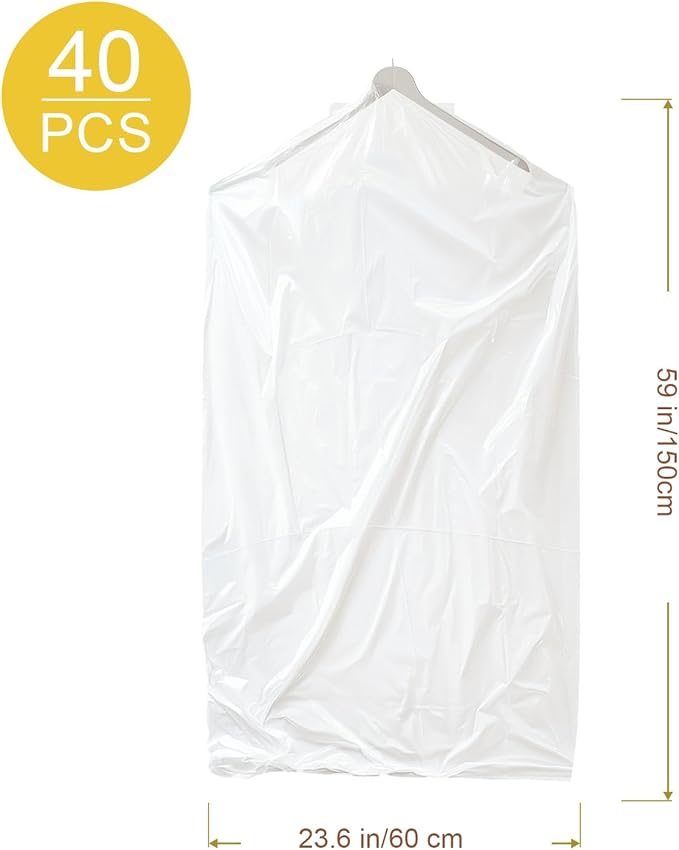 40 Pack Clear Garment Bags for Clothes, Gretchin,(Set of 40, 60x150cm), Clear Clothes Covers Plastic Garment Bags Dry Cleaner Bags Plastic Clear Dry Cleaning Bags for Hanging Clothes Storage