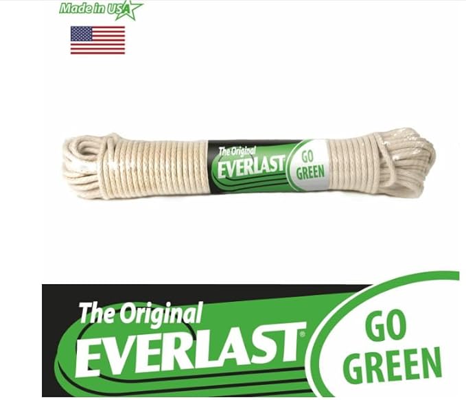 EVERLAST Cotton Clothesline (100 Feet, 1/4-inch Diameter) | Premium #8 Reinforced Core Rope for Hanging & Drying Laundry | Abrasion Resistant | Made in USA