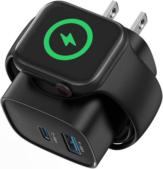 PD 20W USB C Charger Block for Apple Watch,3-in-1 Charging Station with Built-in Wireless Charger, Dual Ports Compatible with Apple Watch, iPhone, AirPods, Black