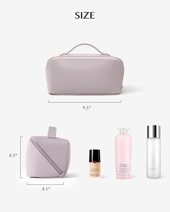 EACHY Travel Makeup Bag, Large Capacity Cosmetic Bag for Women, Waterproof PU Leather, Flat Open Portable Toiletry Bag for Skincare, Brushes & Travel Essentials