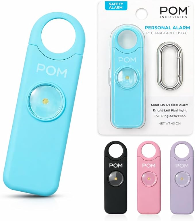 POM Personal Safety Alarm for Women – 130dB Loud Emergency Siren, USB-C Rechargeable with Bright LED Flashlight, Portable Keychain Design for Self Defense, Purse, Backpack & Travel (Aqua)