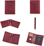 CONTACTS Full Grain Leather Passport Holder RFID Blocking Travel Passport Wallet Compatible with Airtag Passport Cover Case with 4 Cards Slots, Coin Pocket (Badge, Wine Red)