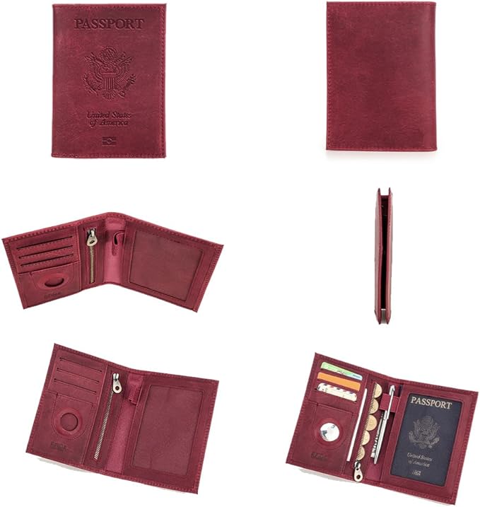 CONTACTS Full Grain Leather Passport Holder RFID Blocking Travel Passport Wallet Compatible with Airtag Passport Cover Case with 4 Cards Slots, Coin Pocket (Badge, Wine Red)