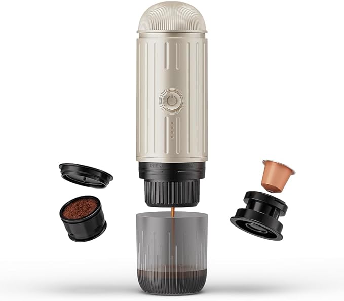 Portable Espresso Machine For Travel, USB-C Charging, Self-Heating Electric Espresso Maker, 19 Bar Mini Coffee Maker On the Go For Camping/Hiking, Ground Coffee & NESPRESSOpods (Champagne)