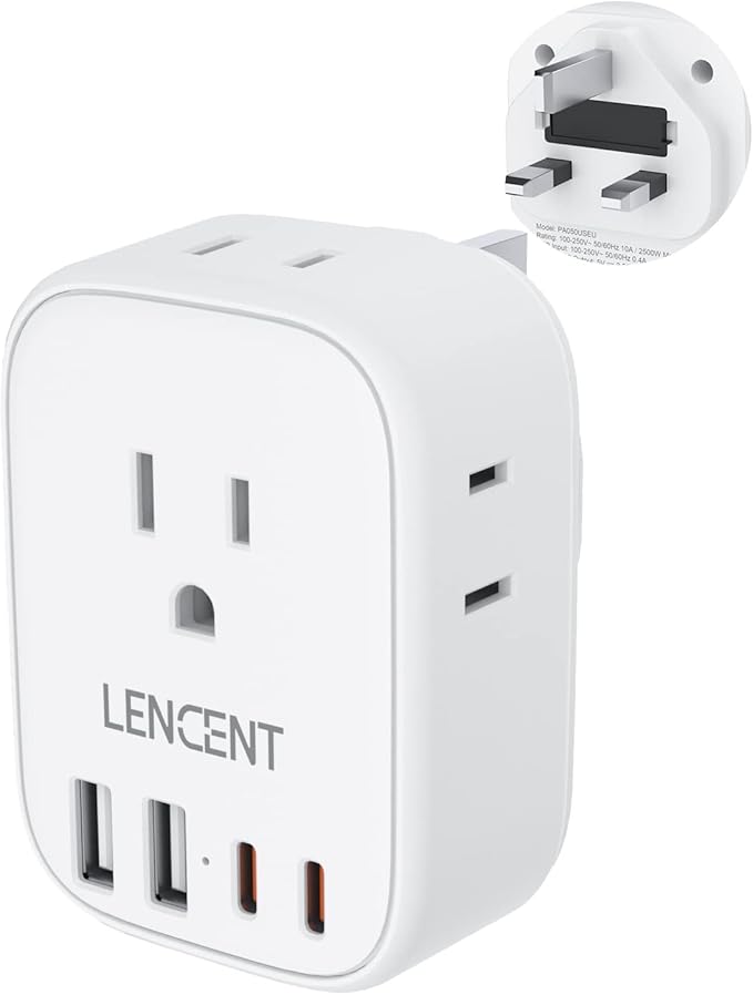 LENCENT US to UK Ireland Travel Plug Adapter, Grounded Type G Adapter for Travel with 4 Outlets 4 USB Ports(2 USB C), Power Plug for USA to Dubai Scotland British London England Hong Kong Singapore