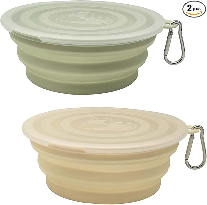 Medium Collapsible Dog Bowl 23oz,2 Pack Portable and Foldable Pet Travel Bowls with 2 Carabiners & Lids for Dogs Cats and Small Animals (Macaron Yellow+Green, 650ml)