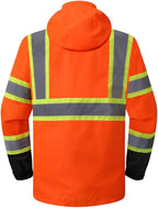 JKSafety Hi-Vis Reflective Safety Rain Jacket for Men Women Waterproof Rain Gears for Farming Fishing Work HV Rain Jacket with Inner Mesh Lining and Pockets (117A-OBlk M)