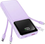 RONEGN Portable Charger with Built in Cable -20000mAh Fast Charging Power Bank USB C Slim 22.5W LED Display Battery Pack 5 Outputs & 3 Inputs for Travel Essentials iPhone Samsung Phones Purple