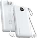 penaover Portable Charger with Built-in Cables&AC Wall Plug,5 Output 2 Input 20000mAh Power Bank,22.5W Fast Charging Battery Pack with LED Display,Compatible with iPhones,Android, Samsung etc,White