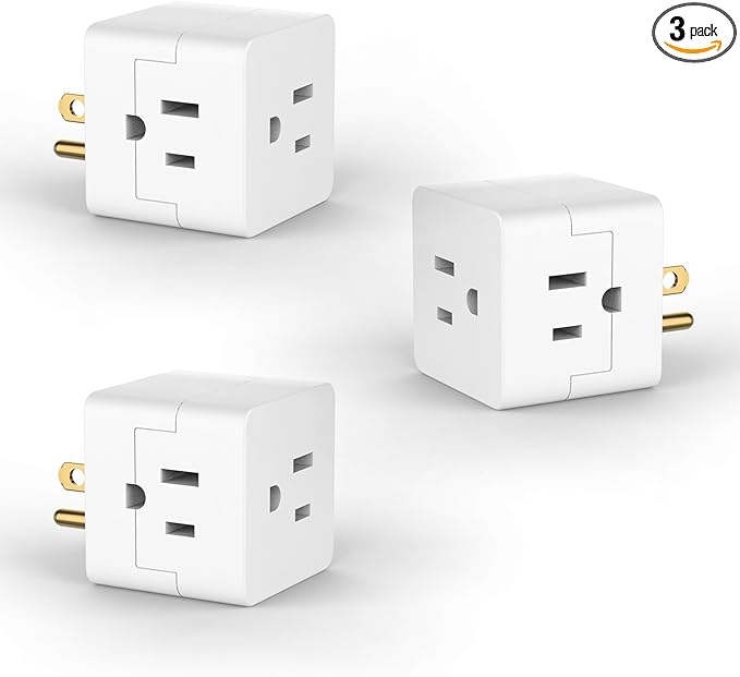 POWERCORDS 3 Power Blocks Outlet Splitter, 3 Pack, Grounded Wall Tap, 3-Prong Plug Adapter AC Multi Plug Wall Outlet, Power Splitter, Cruise Essentials, for Home Office School Dorm, UL Listed, White
