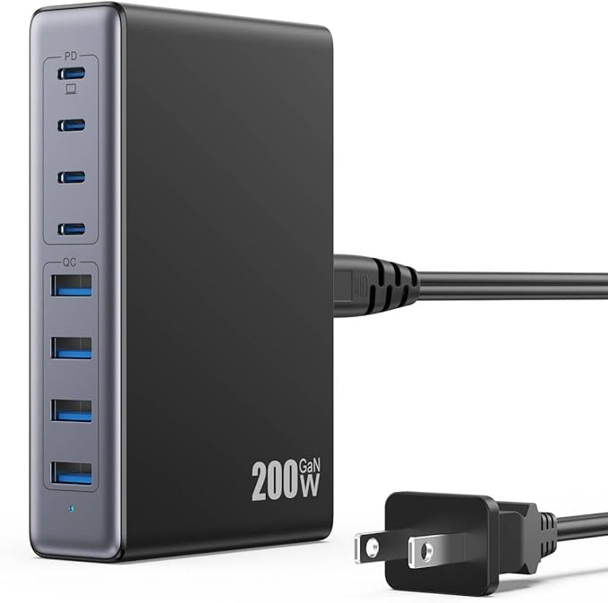 USB C Charger 200W USB C Charger Block,Upgraded GaN III 8-Port Fast Charging Station Hub,PD 65W Laptop Charging Adapter Compatible with MacBook Pro/Air,DELL,Steam Deck,iPhone 16/15/14,Galaxy S23/22
