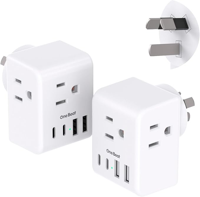 2 Pack Australia New Zealand Power Plug Adapter, Australia Travel Adapter with 3 American Outlets 4 USB Charging Ports (2 USB C), Type I Plug Adapter for US to Australia, Argentina, China