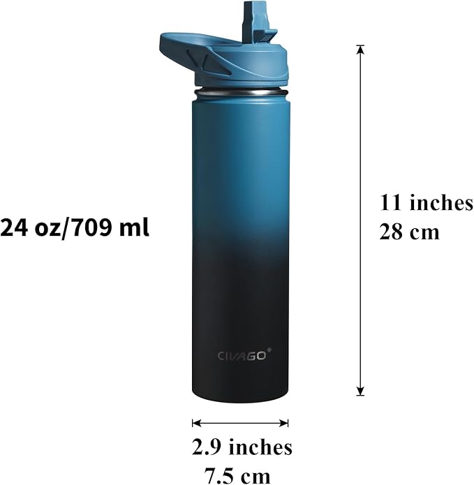 CIVAGO 24 oz Insulated Water Bottle With Straw, Stainless Steel Sports Water Flask Cup with 3 Lids (Straw, Spout and Handle Lid), Double Walled Travel Thermal Canteen Mug, Navy