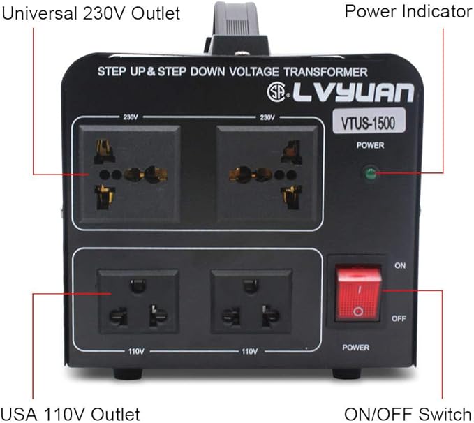 Cantonape Voltage Transformer Converter 1500 Watt Step Up/Down Convert from 110-120 Volt to 220-240 Volt and from 220-240 Volt to 110-120 Volt with 2 US Outlets, 2 Universal Outlets