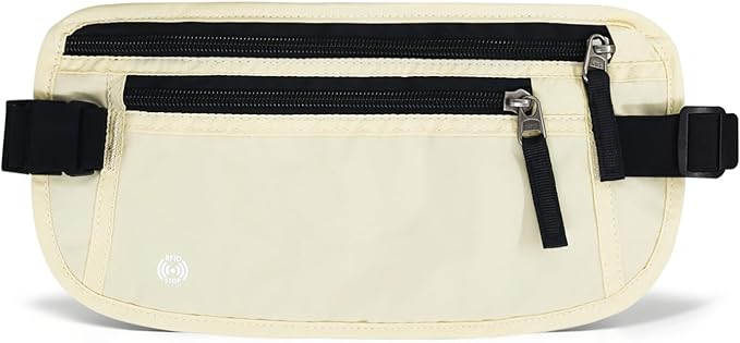 FuninCrea Waterproof Hidden Money Belt for Travel, Anti-Theft Belt Bag with RFID Blocking Function Adjustable Slim Waist Bag with 2 Zipper Pockets and 1 Back Pocket for Travel Running (B, Beige)