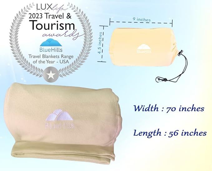 BlueHills Ultra Compact and Compact Light Travel Blankets for Two Value Pack Set of 2 – Airplane Travel Essentials Soft Flight Trips Throw in Portable Cases for Car Plane Travel Gifts – Beige