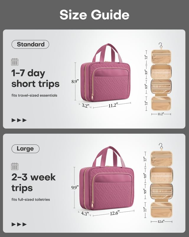 HOTOR Travel Toiletry Bag for Women & Men, Waterproof Makeup Bag with Hanging Hook and Multiple Pockets, Cosmetic Bags for Women, Travel Essentials, 11.2'' x 3.2'' x 8.9'', Rosewood-Pink