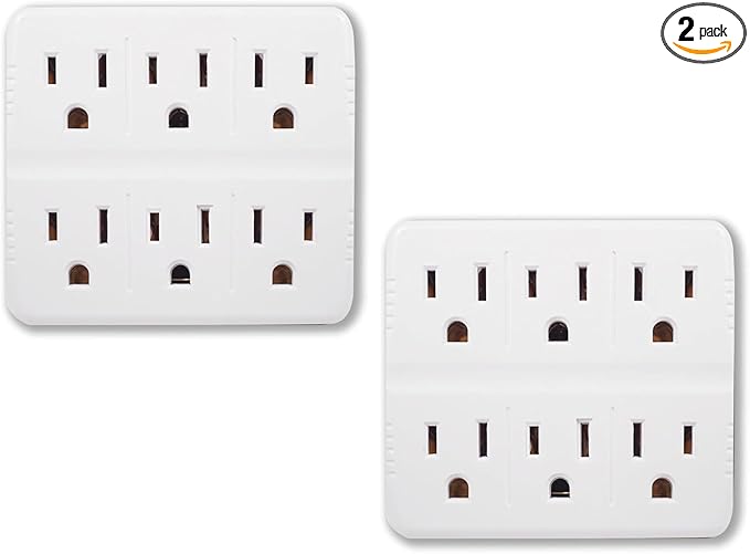 GoGreen Power Inc. (G-16000TW-2) 6-Outlet Tri-Tap Adapter, 6 Outlet Wall Tap Adapter, White, 2 Pack