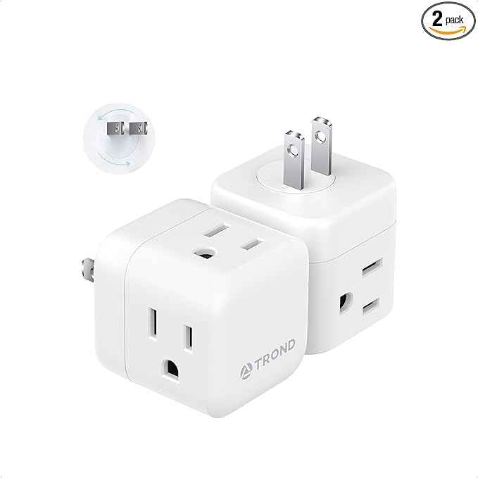 TROND 2 to 3 Prong Outlet Splitter 2 Pack, 3 Way Plug Extender with 360 Rotating Plug, US to Japan Power Adapter for Travel, 3 Prong Adapter for Non-grounded Outlet in Old House