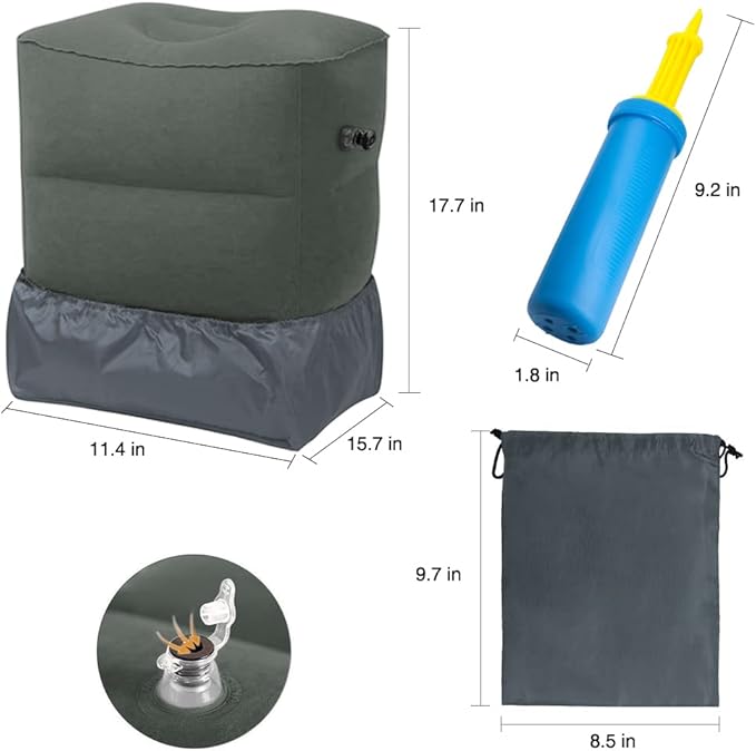 Travel Foot Rest Pillow, Portable Inflatable with Double Hand Pump Adjustable Three Layers Height Pillow for Foot Rest on Airplanes,Cars,Buses,Trains,Office Kids to Sleep on Long Flights (Dark Gray)