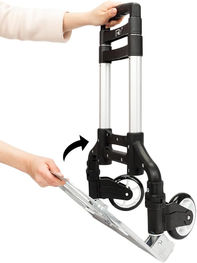 Aluminum Folding Hand Trucks, Foldable Roller Shopping Trolley Collapsible 2 Wheel Trolley Expandable Large Chassis Foldable intoBackpack for Moving Travel Shopping Airport Office,Black