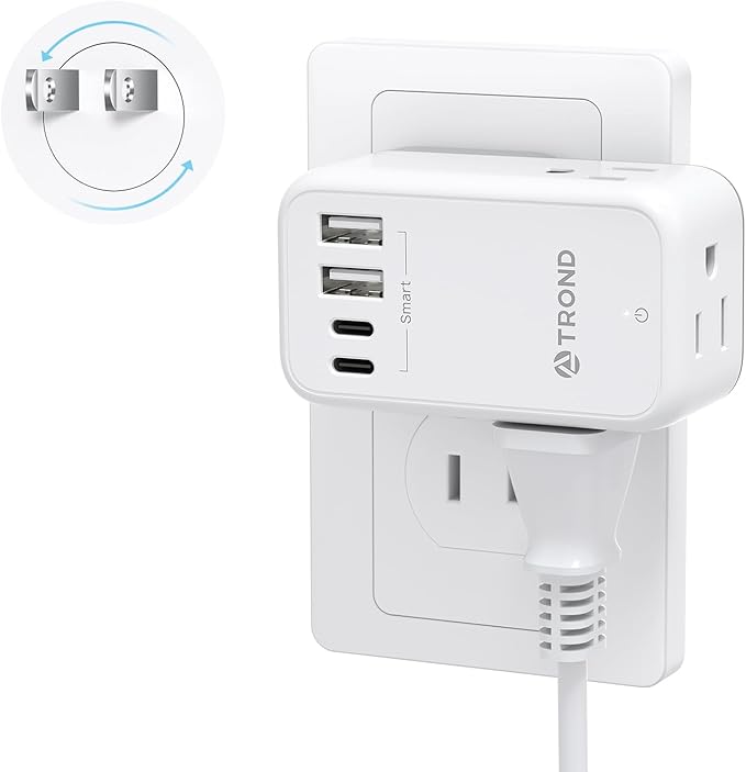 TROND 3 to 2 Prong Adapter with 360° Rotating Plug, 2 Prong Outlet Extender with 3 AC and 4 USB Ports, US to Japan Plug Adapter, Wall Outlet Splitter for Travel, Home, Cruise Essentials