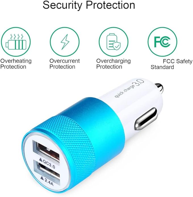 FiveBox Fast Car Charger, Quick 5.4A/30W Dual USB, QC 3.0 & 2.4A, Compatible Samsung Galaxy S23 S22 S21 S20 S10 S9 S8 Note, iPhone, Blue, Minimalist Style