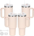 4 Pack 40 Oz Tumbler with Handle Bulk, Double Wall Vacuum Insulated Stainless Steel Tumbler with Lid and Straw, 40 oz cup with Silicone Spill Proof Stopper Set (Rose Quartz)