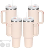 4 Pack 40 Oz Tumbler with Handle Bulk, Double Wall Vacuum Insulated Stainless Steel Tumbler with Lid and Straw, 40 oz cup with Silicone Spill Proof Stopper Set (Rose Quartz)