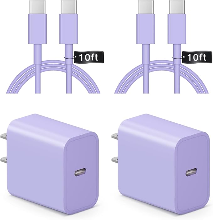 iPhone 17 16 15 Charger Fast Charging 10FT - 20W USB C Charger Block with 10FT Type C to C Cable Compatible with iPhone 17/17 Pro/17 Pro Max/Air/16/16e/15, iPad Pro, iPad Air (Purple)