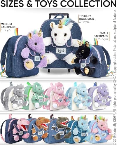 Naturally KIDS 【Upgraded】 Medium Backpack w Removable Purple Unicorn Toy for Girls Age 4-7 | Side&Inner Pockets, Reflective Logo, Sparkling Material | Unicorn Gifts for 5 Year Old Girls – Medium size