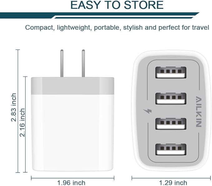 USB Charger Cube, Wall Charger Plug, AILKIN 4.8A 4-Muti Port USB Adapter Power Plug Charging Station Box Base Replacement for iPhone 15 14 13 12 16 Pro Max/X/17, iPad Samsung Phones Charging Block