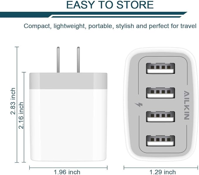 USB Charger Adapter, 2-Pack AILKIN 4.8A 4-Muti Port Phone Wall Plug Fast Charging Block Box for iPhone 17 16 15 14 13 12 Pro Max 11 SE 10 XR XS, Samsung Galaxy, Moto, LG, Pixel, Power Cube Base Brick