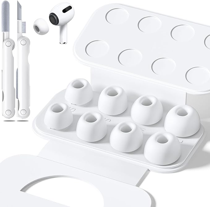 Inesore 4 Pairs Replacement Ear Tips for AirPods Pro 2nd/1st Generation with Portable Storage Box & Cleaner Pen,Noise Reduction Holewith & Built-in dust Guard Screen,Silicone EarTips(White)