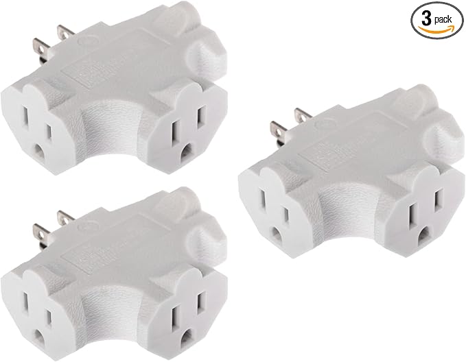 Projectpak 3 Outlet T Shaped Wall Plug Grounding Adapter Splitter Extender – Durable Grounded Power Tap | 3 Pack (White)