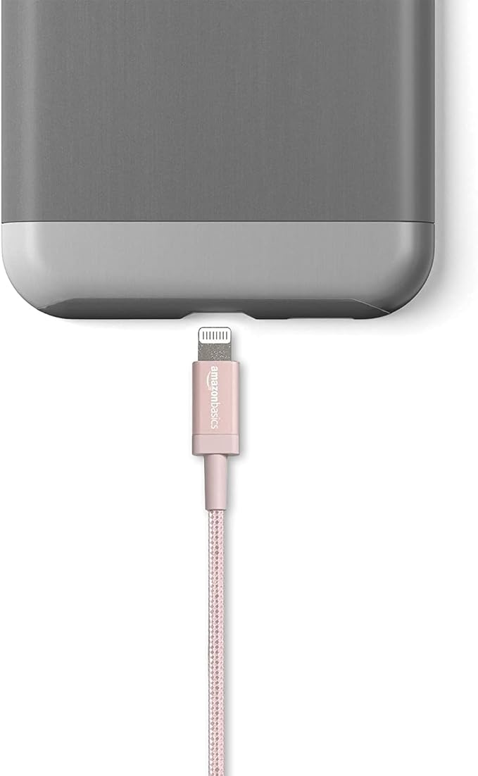 Amazon Basics 2-Pack USB-A to Lightning Cable, Apple MFi Certified, Nylon Braided Cord for iPhone 14 13 12 11 X Xs Pro, Pro Max, Plus, iPad, Data Sync, High Speed Transfer, 6 Foot, Rose Gold