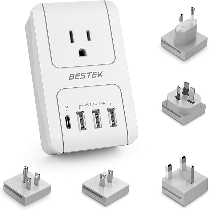 BESTEK Travel Adapter PD 35W, Universal Power Adapter 1 USB C 3 USB A, International Plug Adaptor Worldwide Outlet for US to European UK Spain - for Laptop, Phone, Camera